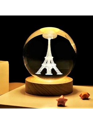 Epilons Dekoratif Eyfel Kulesi Tasarımlı Ahşap Altlıklı Işıklı Cam Küre Cam:6cm Ahşap:2cm