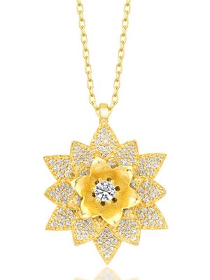Gümüş Gold Beyaz Taşlı Lotus Çiçeği Kadın Kolye