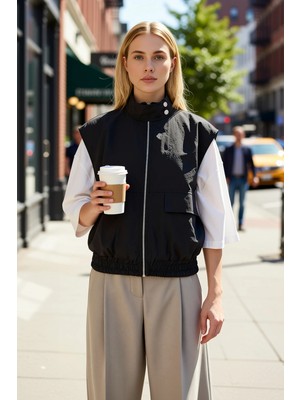 Benerly Kadın Büyük Beden Dik Yaka Kolsuz Fermuarlı Dokuma Ince Yelek Oversize Kalıp Ilkbahar Sonbahar Giyim