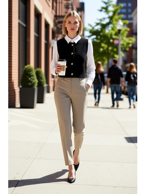 Benerly Kadın Bisiklet Yaka Kolsuz Düz Desen Dokuma Tüvit Yelek Regular Kalıp Astarsız Düğmeli Detay