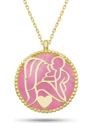 Gümüş Gold Pembe Sedef Taşlı Anne Çocuk Sevgisi Kolye