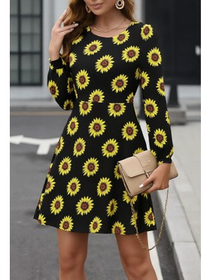 Etiler Collection Kadın Uzun Kollu Bisiklet Yaka Desenli Kısa Krep Elbise