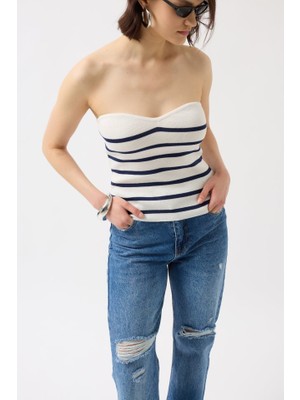 Etiler Collection Çizgili Straplez Dokulu Bluz