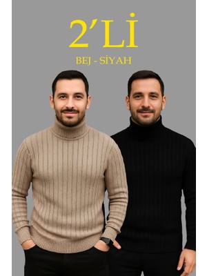 Etiler Collection Erkek Fitilli Triko Kazak 2li Set Bej Siyah Regular Balıkcı Yaka Tam Boğazlı Triko Seti Modeli Kazak