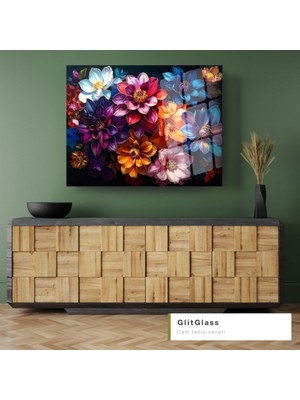 Glitglass Renkli Çiçek Buketi Sanat Eseri Temperli Cam Tablo - Canlı Duvar Dekoru