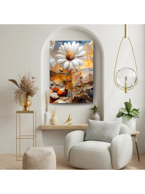 Glitglass Dev Papatya Figürlü Soyut Doğa Manzarası Temperli Cam Tablo - Bahar Temalı Duvar Dekoru