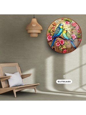 Glitglass Yuvarlak Cam Tablo – Renkli Kuşlar ve Çiçeklerle Doğanın Neşesi