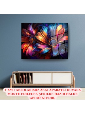 Glitglass Neon Floresan Çiçekler Desenli Işıltılı Sanatsal Temperli Cam Tablo - Salon Duvar Dekoru