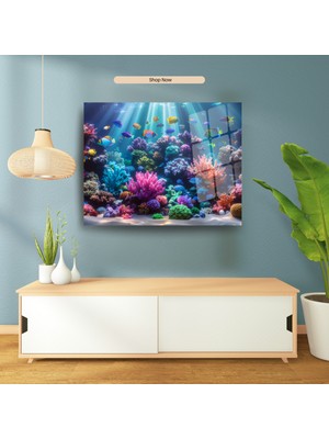 Glitglass Renkli Mercan Resifi ve Balıklar 4mm Temperli Kırılmaz Cam Tablo