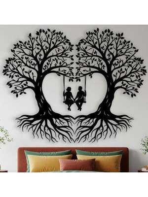 ❤️ Sscnc Kalpli Ağaç & Salıncakta Çift Figürlü Mdf Duvar Dekoru – Siyah