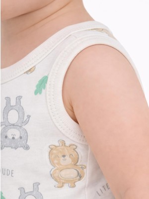 Civil Baby Ekru Ayıcık Baskılı Çıtçıtlı Badi 6-9 Ay Düz Desenli Erkek Bebek İçin Rahat Kumaş