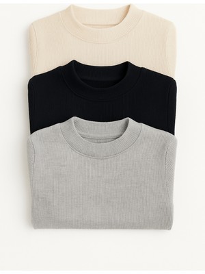 Mini Kanka Ribanalı Bisiklet Yaka Çocuk Triko Kazak 3’lü Set – Uzun Kollu Mevsimlik Basic Kazak Takımı