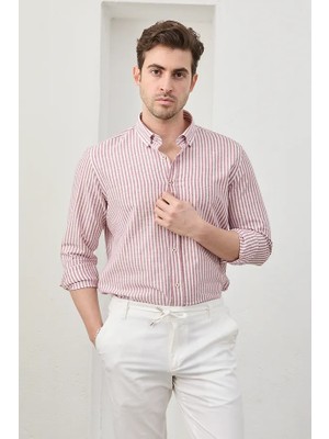 Ravanelli Ravanellı Erkek Gömlek Kırmızı Çizgili Pamuk Keten Modern Slim Fit Gömlek