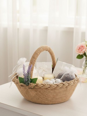 Bonvos Nişan, Nikah, Kına ve Söz Sepeti – Mor Lavanta Süslemeli Saplı Oval Sepet