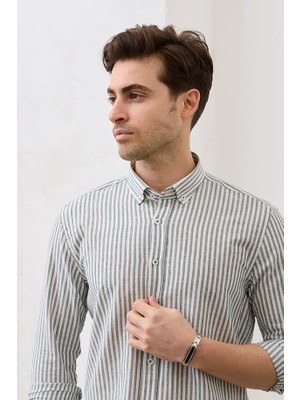 Ravanelli Ravanellı Erkek Gömlek Haki Çizgili Pamuk Keten Modern Slim Fit Gömlek