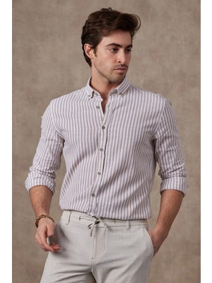 Ravanelli Ravanellı Erkek Gömlek Siyah Çizgili Pamuk Keten Modern Slim Fit Gömlek