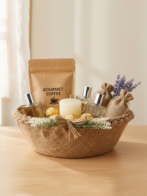 Bonvos Nişan, Nikah, Kına ve Söz Sepeti – Beyaz Lavanta Süslemeli Saplı Oval Sepet