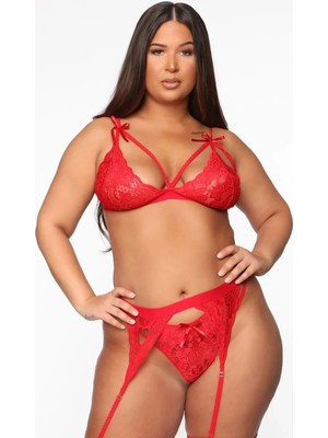 Novytech Kırmızı Dantelli Büyük Beden Jartiyer Takımı TM1300