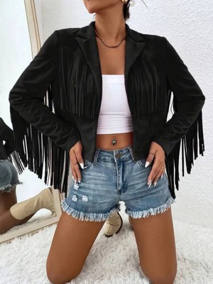 Etiler Collection Kadın Uzun Kollu Yakalı Kısa Püsküllü Süet Ceket