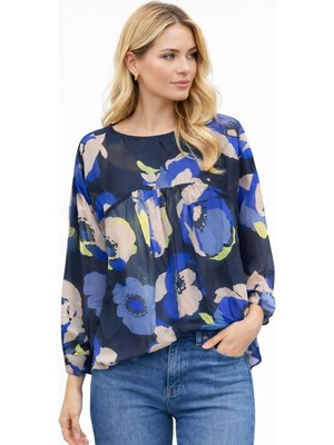 Mamayaga Kadın  Göğüsten Pileli Biiklet Yaka Şifon Curve Büyük Beden Spor Şık Desenli Bluz