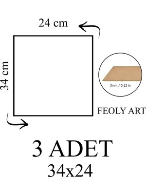 Feoly Art 3 mm 34X24 Mdf Plaka (3 Adet) - Hobi, Maket, Ahşap El Sanatları Için Uygun (3`lü Paket)
