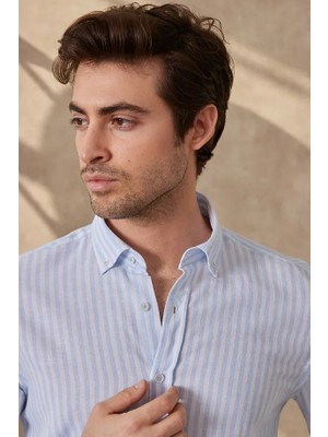 Ravanelli Ravanellı Erkek Gömlek Mavi Çizgili Pamuk Keten Modern Slim Fit Gömlek