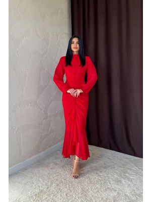 Etiler Collection Kırmızı Önü Büzgülü Şifon Elbise