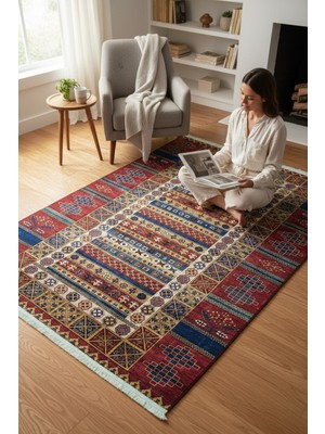 Dokuma Tabanlı Etnik Desenli Yıkanabilir Baskılı Kilim Salon Mutfak Yolluk