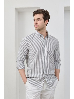 Ravanelli Ravanellı Erkek Gömlek Siyah Çizgili Pamuk Keten Modern Slim Fit Gömlek