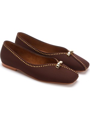 MFT Ayakkabı Kadın Kahverengi Süet Küt Burunlu Aksesuarlı Babet