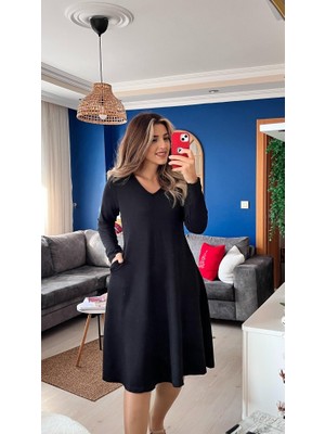 Etiler Collection Kadın Uzun Kollu V Yakalı Salaş Midi Iki Iplik Elbise