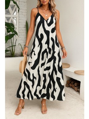 Etiler Collection Kadın Ip Askılı Geniş V Yakalı Leopar Desenli Süprem Elbise