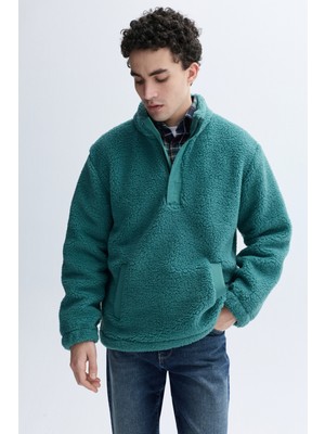 Comfort Fıt Dik Yaka Pelüş Sweatshırt