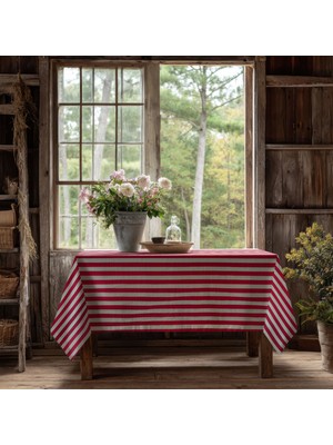 Meine Home Kırmızı Çizgili Keten Masa Örtüsü Dertsiz Kumaş