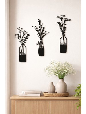 🌿 Sscnc 3’lü Vazo & Çiçek Figürlü Mdf Duvar Dekoru – Siyah
