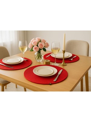 FATEX Amerikan Servis Kırmızı Runner 6 Adet Sunum Supla Çeyiz Takımı Örgü Tabak Altı (Kırmızı)