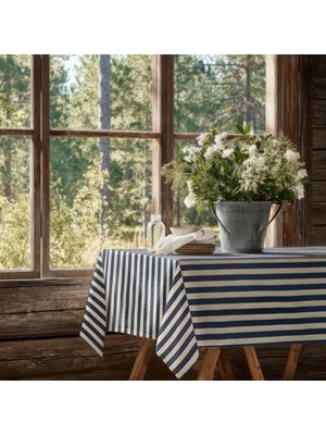 Meine Home Lacivert Çizgili Keten Masa Örtüsü Dertsiz Kumaş