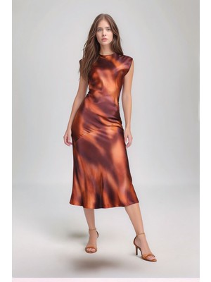 Mamayaga Kadın Ay Kol Bisiklet Yaka Asimetrik Etek Saten Şık Midi Gece Elbisesi