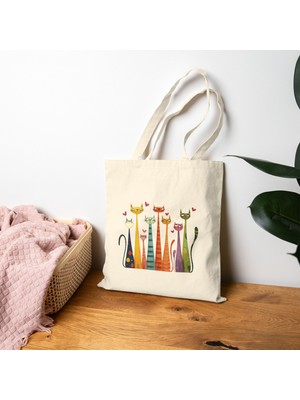 Tişört Kodu Renkli Uzun Kediler Kanvas Bez Çanta – Kedi Illüstrasyonlu Doğal Pamuk Tote Bag