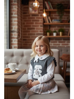 Ekose Etek Tavşanlı Gömlek Kız Çocukları Için Süveterli Takım