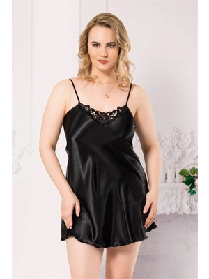 Pileli Store Pilelistore- Pilelistore Büyük Beden Siyah Kısa Saten Gecelik