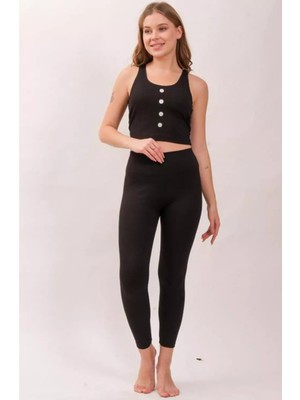 Beta Moda Hub Siyah Yüksek Bel Fitilli Kadın Tayt Yazlık 2001