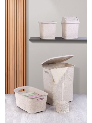 Dantel Bej Desen 5 Parça Banyo Seti Kirli Sepeti Plastik Malzemeden Dayanıklı Kullanım İçin