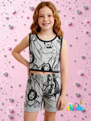 Ikili Alt Üst Baskılı Crop Likralı Penye Kız Çocuk Şortlu Takım