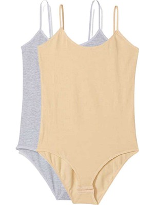 Beta Moda Hub 2 Adet Ip Askılı Kadın Çıtçıtlı Body Gri ve Ten