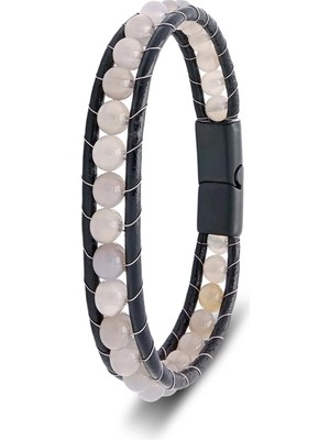 Moncuk Design 6mm Dumanlı Kuvars Deri Kordon ve Çelik Bileklik 33512B2D6M18