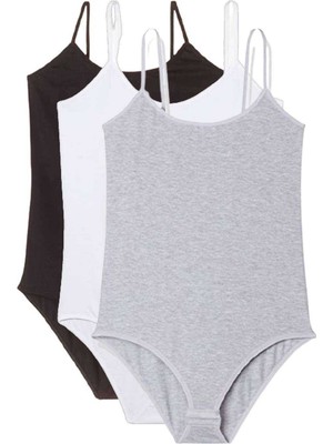 Beta Moda Hub 3 Adet Ip Askılı Kadın Çıtçıtlı Body Siyah Beyaz Gri