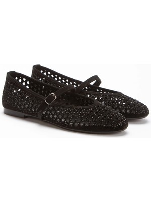 MFT Ayakkabı Kadın Kemerli Lazer Kesim Taşlı Makosen Babet Siyah