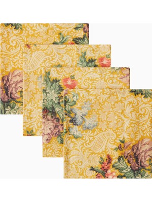 Cabana Peonia Floral Desenli 4’lü, Italyan Tasarımı Keten Peçete Seti Sarı