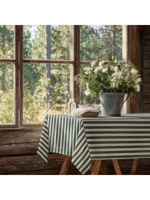 Meine Home Yeşil Çizgili Keten Masa Örtüsü Dertsiz Kumaş